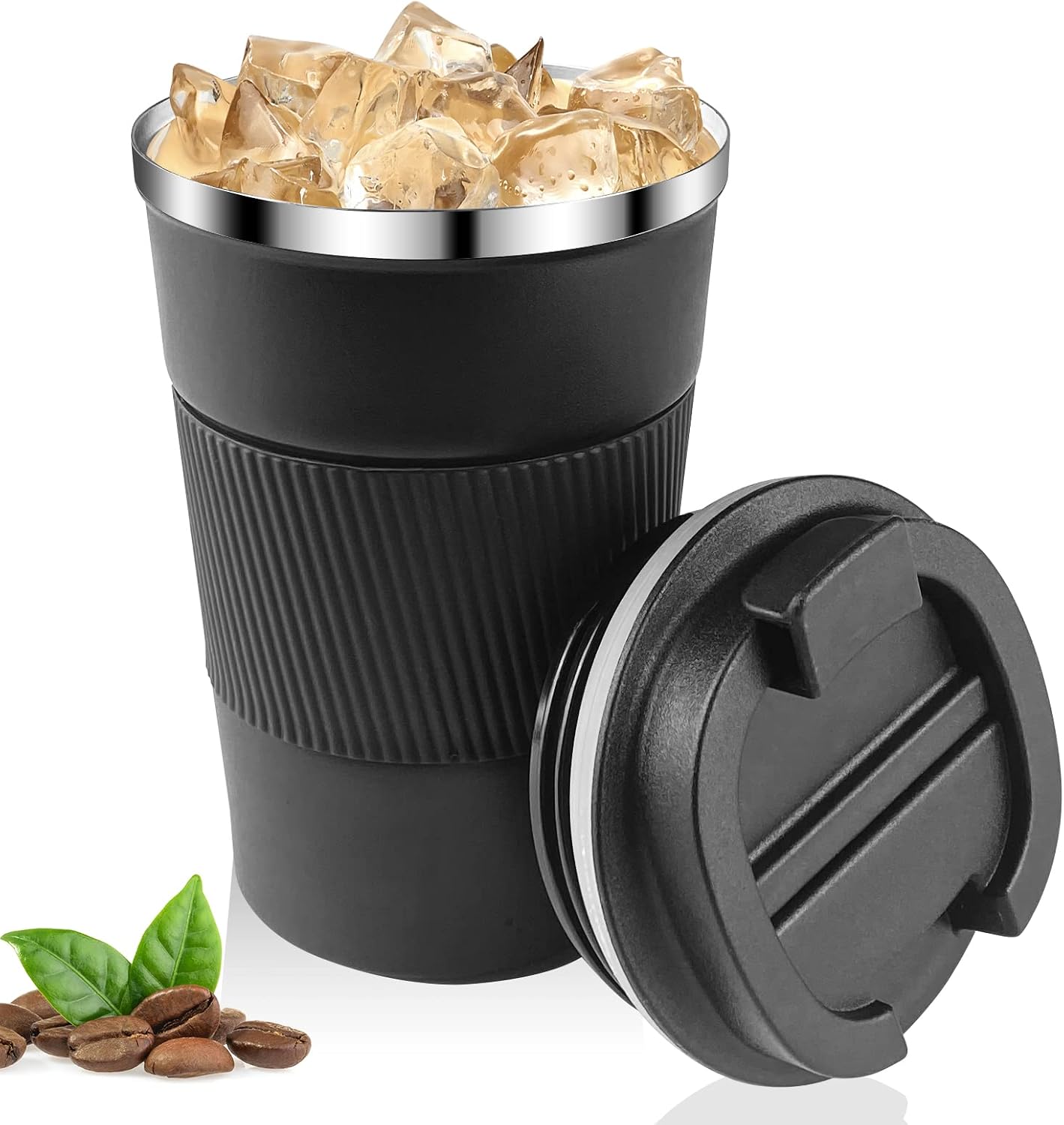 Mug isotherme — réutilisable, résistant à l'eau, en acier inoxydable, 380ml, noir