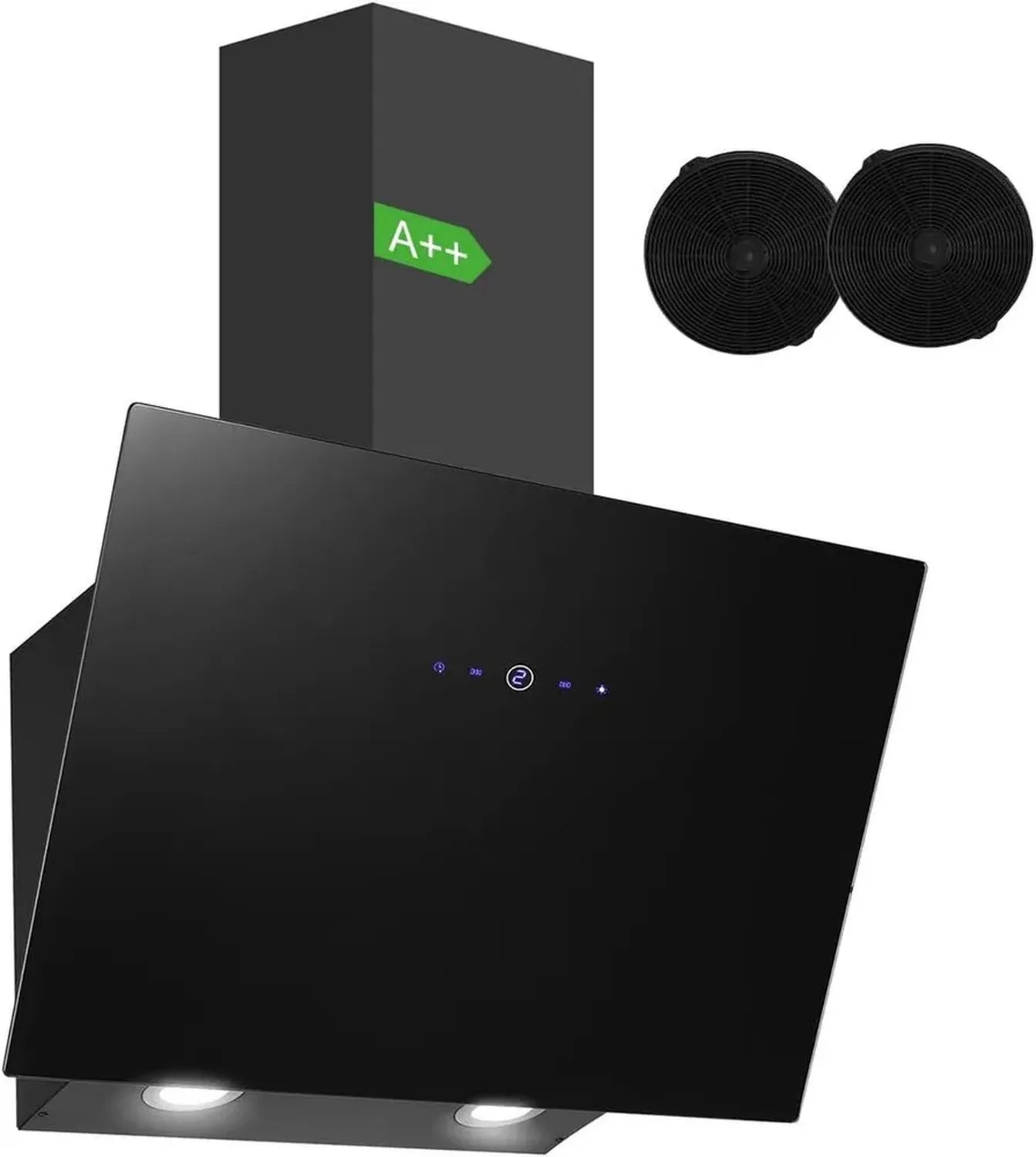 Hotte SNDOAS 60 cm, Efficacité Énergétique A++, 550 m³/h, Filtres à Charbon, 3 Vitesses, Commande Tactile, Arrêt Programmable, Mode Évacuation ou Recyclage, Noire
