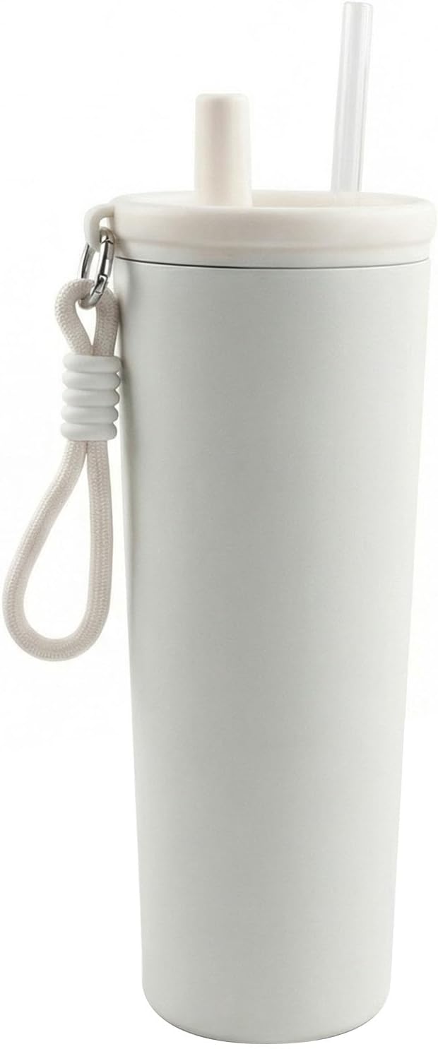 Mug isotherme – avec paille, réutilisable, en acier, résistant à l'eau, 750ML, beige