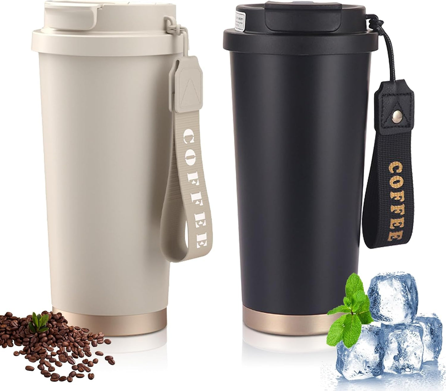 Mug isotherme: avec poignée, avec paille, anti-fuite, double paroi, 2 pièces, 530 ml
